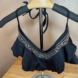 VS PINK black ruffle/flounce halter bikini top with beading around trim